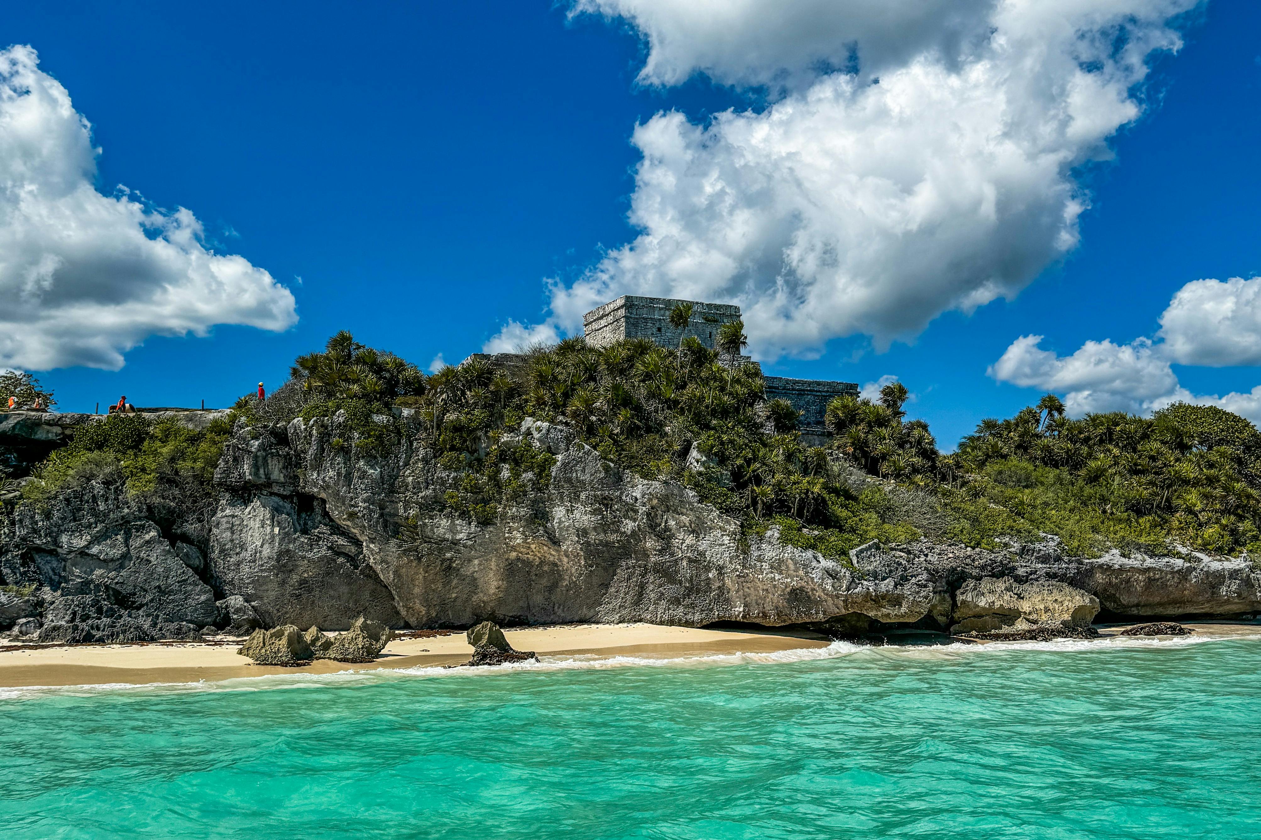 View from the sea of the ancient Mayan ruins.