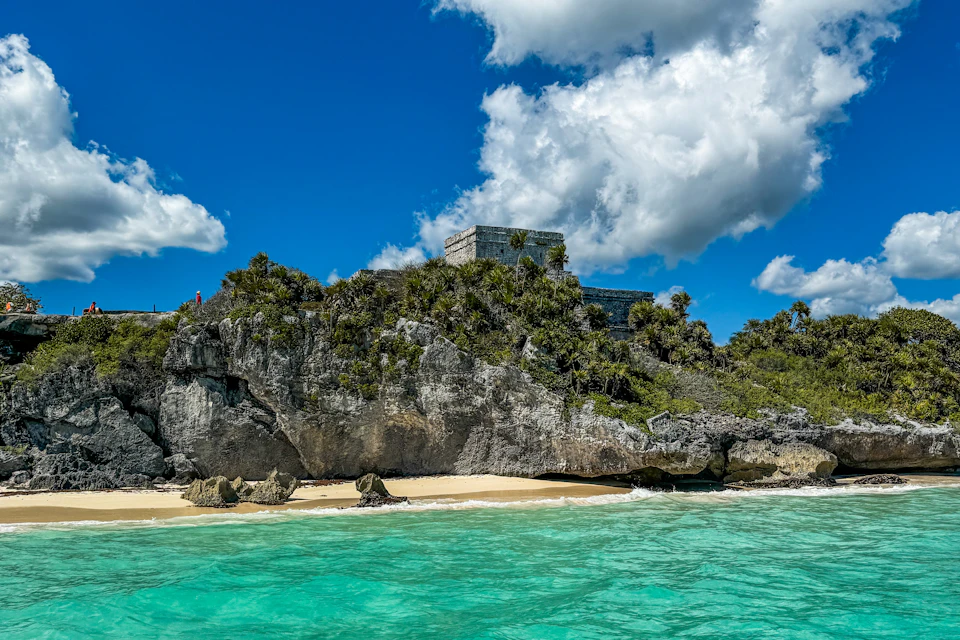 View from the sea of the ancient Mayan ruins.