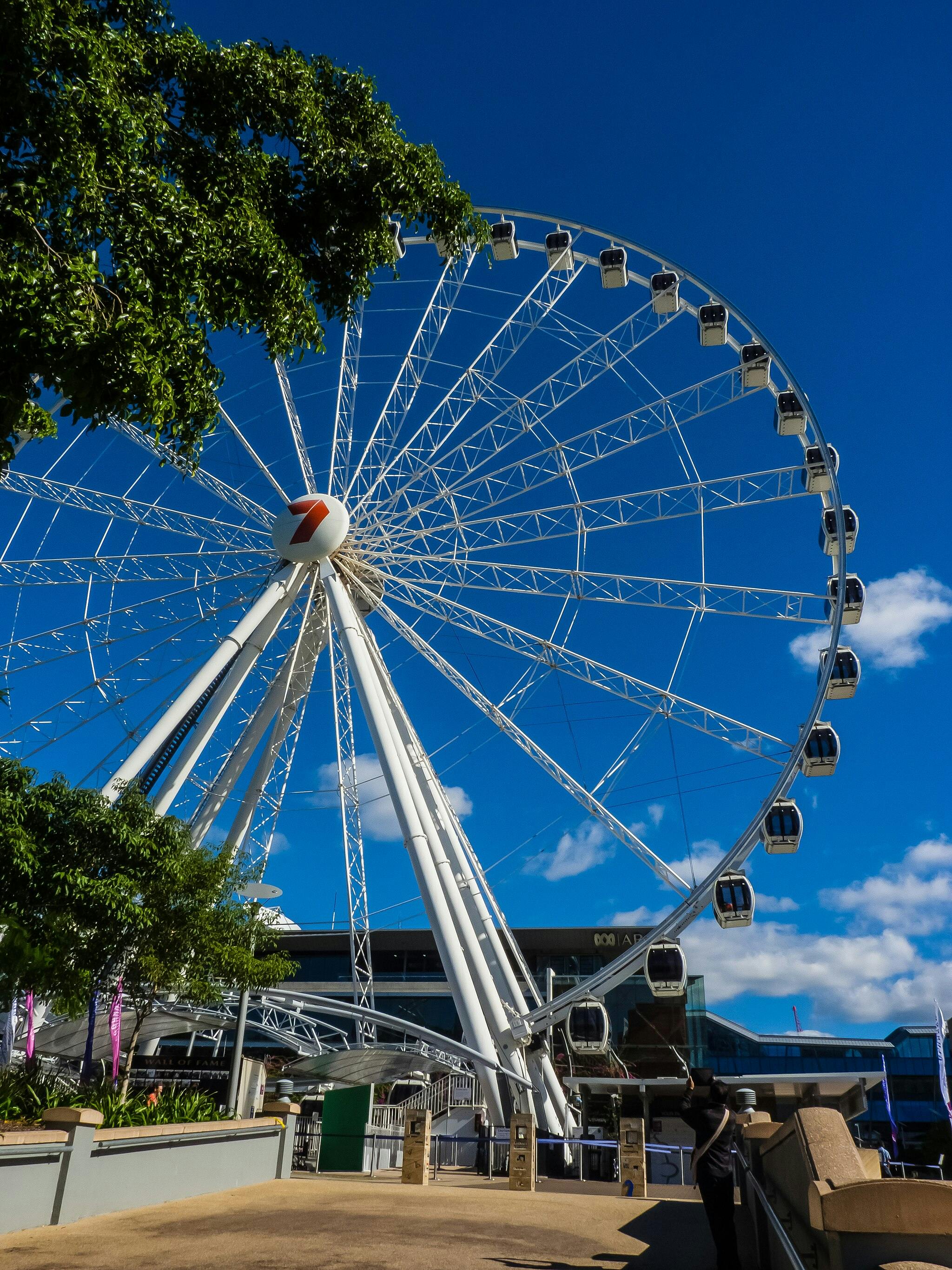 大型摩天轮，白色结构，俯瞰蓝天，云层稀少，前景为树木，背景为建筑物。