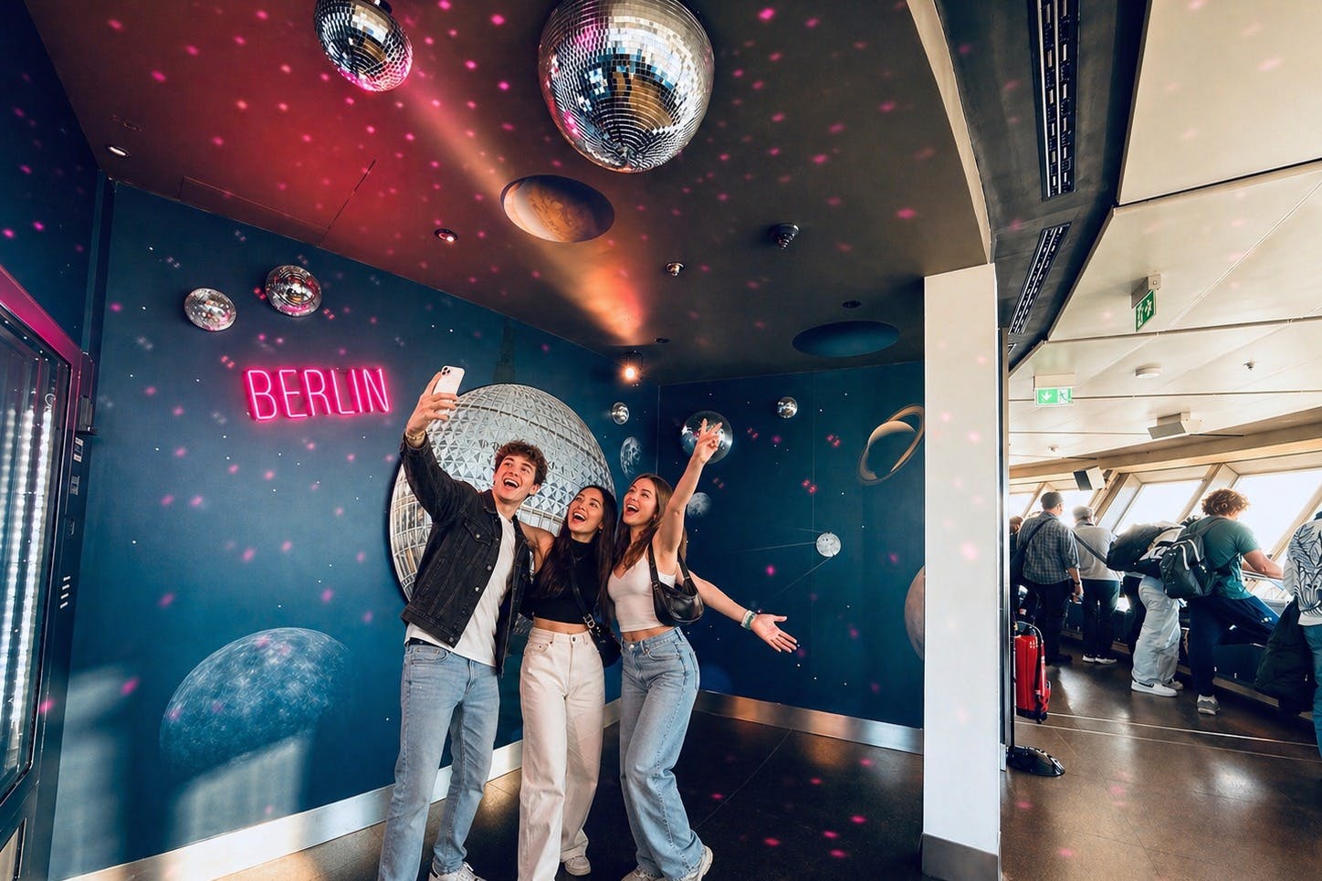 Tre personer smiler og poserer for en selfie under diskokugler og et neon "Berlin "-skilt i et dekorativt rum.