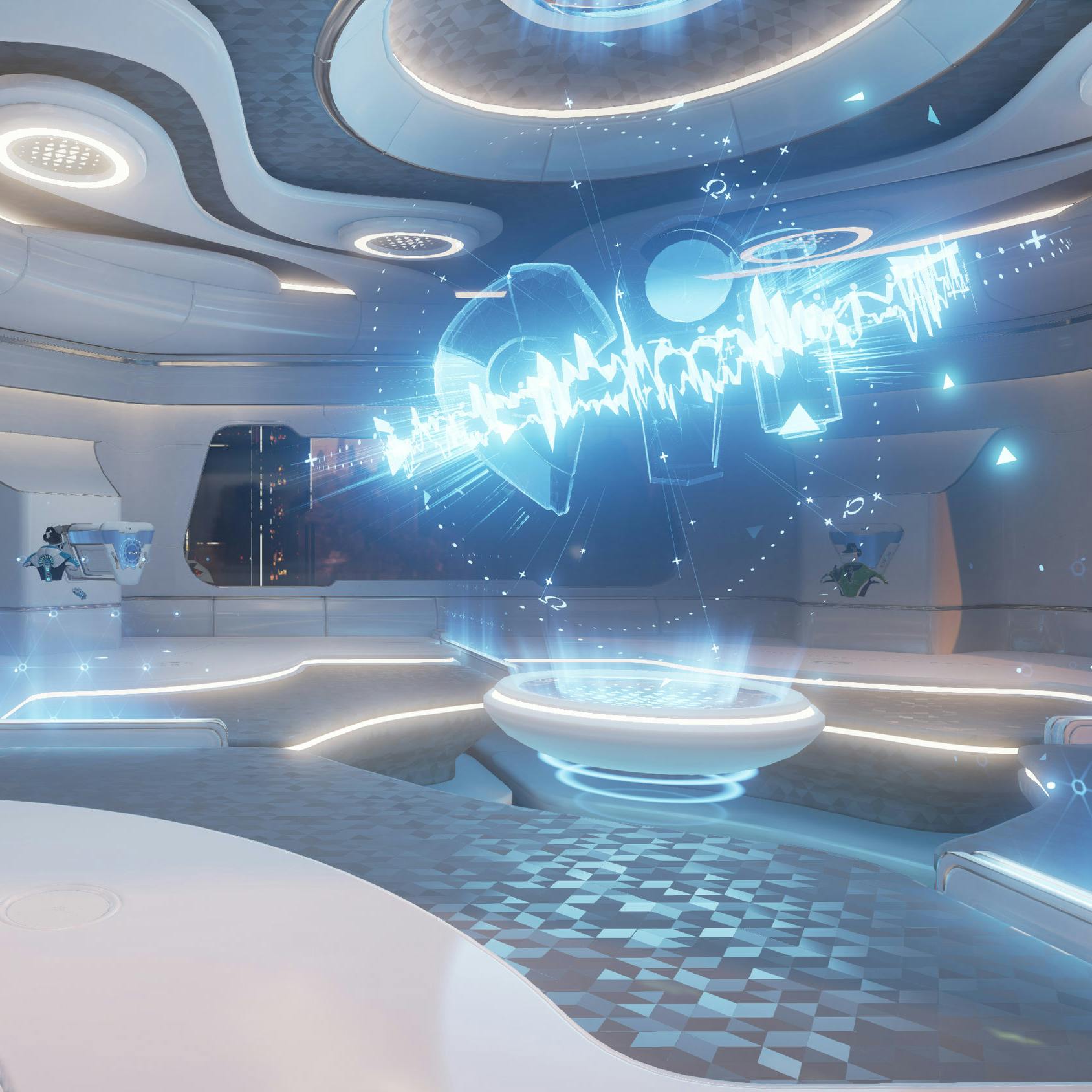 Futuristic room with white, curved surfaces and blue holographic display in the center, featuring digital figures and shapes.