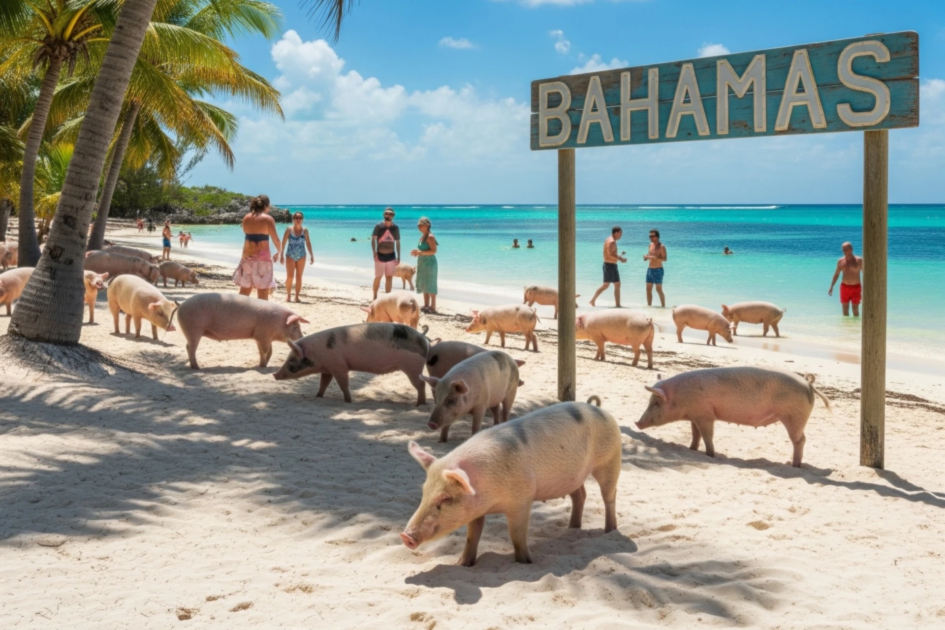 Pigs roam a sandy beach as people in swimwear enjoy the clear water. A sign reads "BAHAMAS". Palm trees frame the scene.
