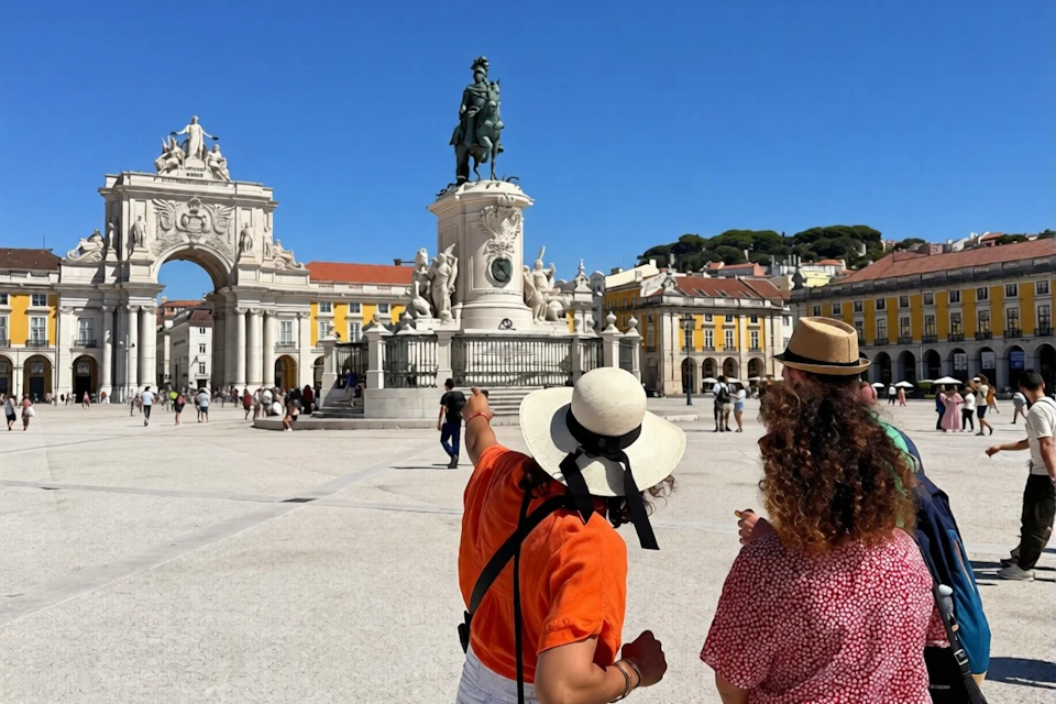 People in a sunny plaza with a statue in the center, surrounded by historic buildings and an archway in the background.