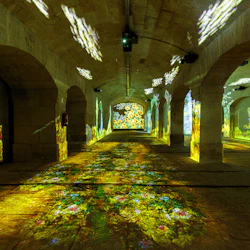 En svagt upplyst stenvalvkorridor med färgglada blomprojektioner på väggarna och golvet, vilket leder till en avlägsen ljus display.