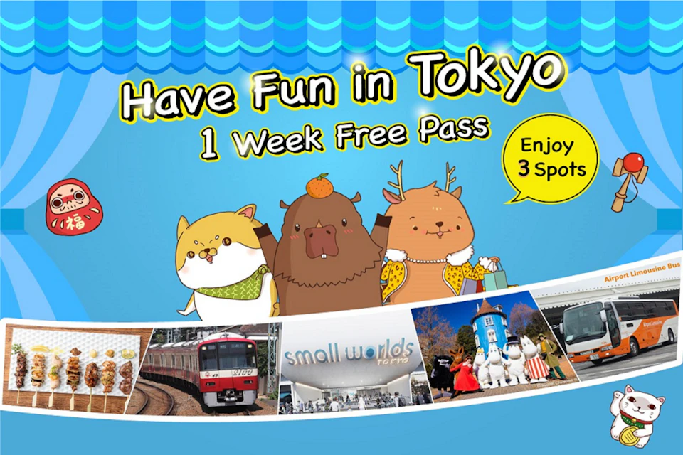 Colorful poster with cartoon animals promoting "Have Fun in Tokyo - 1 Week Free Pass." Includes small photos of train, Small Worlds, and Moomin spots.