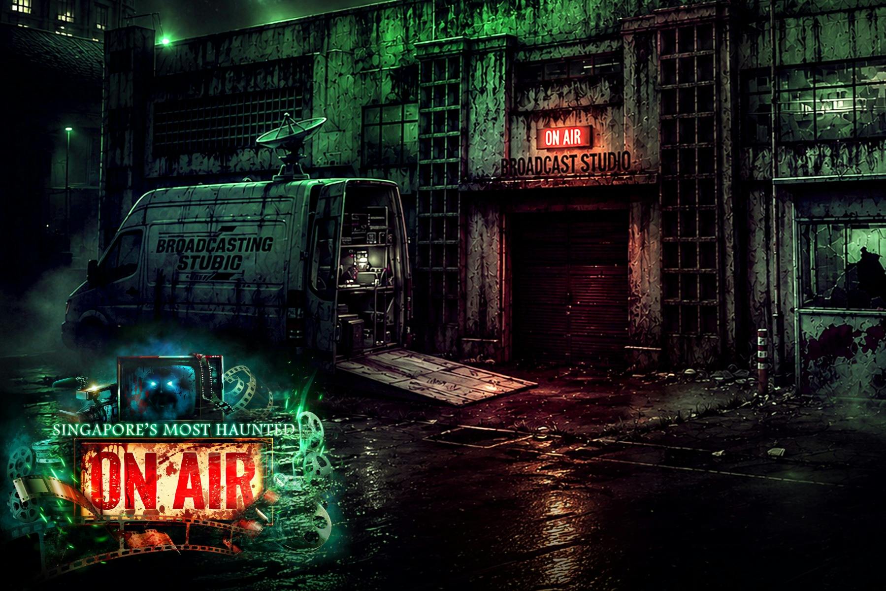 A dimly lit broadcast studio exterior with a van parked outside, glowing green and red lights and an 'On Air' sign.