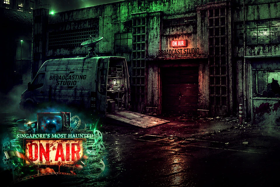 A dimly lit broadcast studio exterior with a van parked outside, glowing green and red lights and an 'On Air' sign.