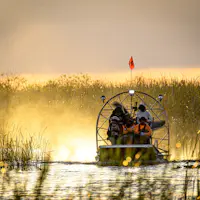 Un airboat avec des passagers navigue à travers un marais couvert d'herbe et d'eau au coucher du soleil, créant une brume derrière eux.