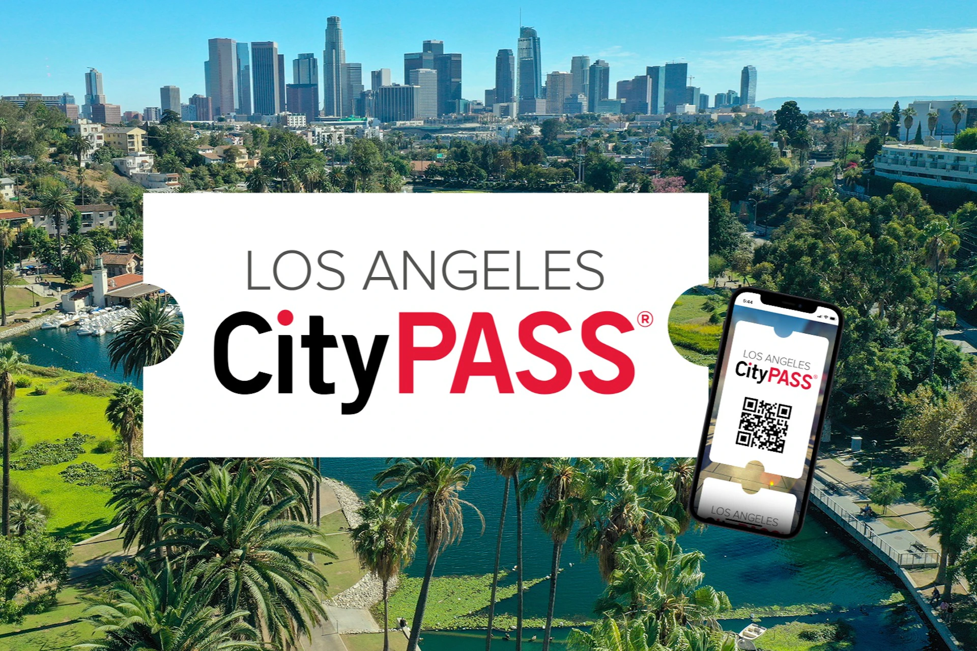 Los Angeles skyline with palm trees and park, overlaid with "Los Angeles CityPASS" text and an image of a CityPASS on a smartphone.