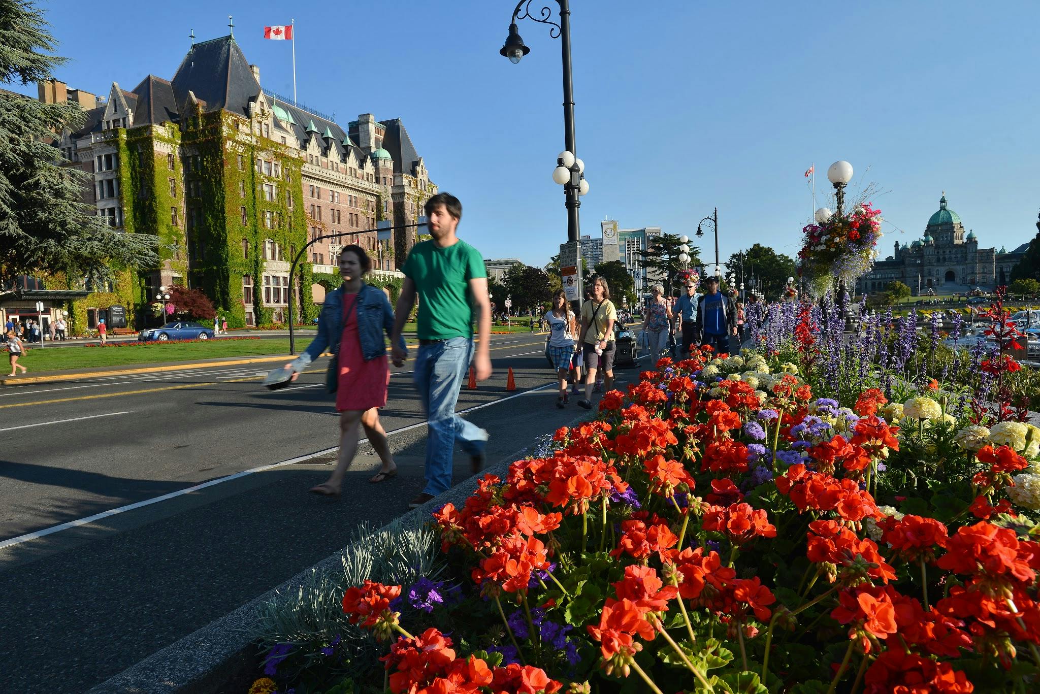 Άνθρωποι περπατούν κατά μήκος ενός δρόμου με κόκκινα λουλούδια και ένα ιστορικό κτίριο με κισσό στο παρασκήνιο, κάτω από έναν καθαρό ουρανό.