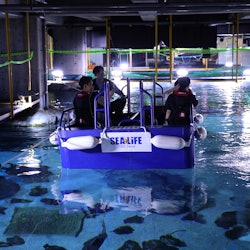 Three people in a blue boat labeled "SEA LIFE," inside an indoor aquarium tank with ropes and railings visible in the background.
