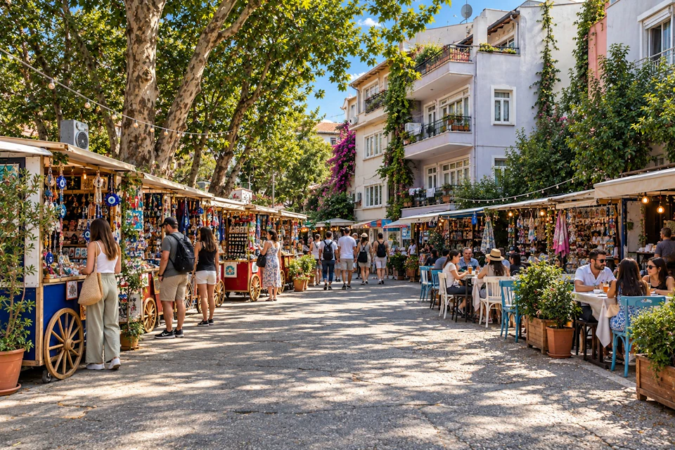 A vibrant outdoor market with colorful stalls, trees providing shade, and people walking or sitting at tables on a sunny day.