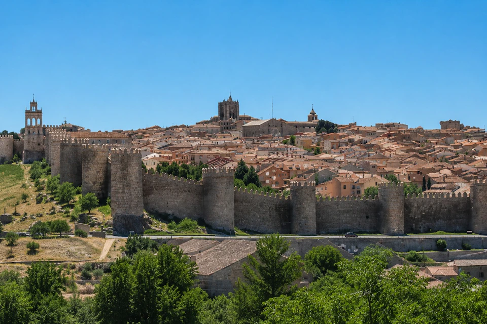 A medieval cityscape with stone walls, towers, and a cathedral atop a hill, surrounded by green trees under a clear blue sky.