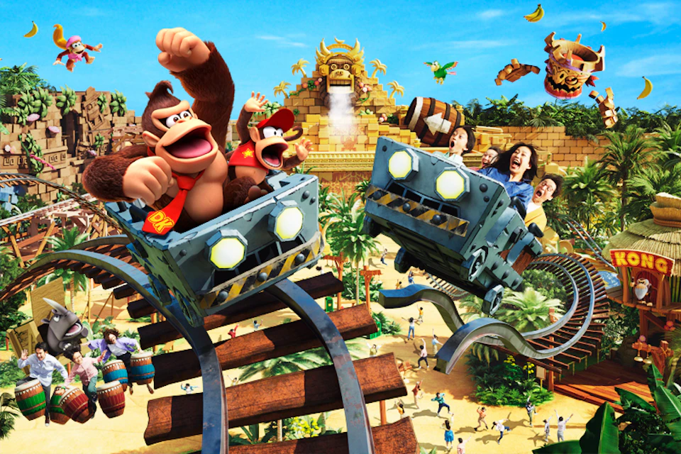 Animated characters and people riding a jungle-themed roller coaster with tracks twisting and turning amid tropical scenery and ruins.