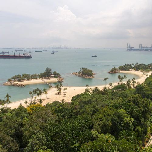 Luftaufnahme eines Küstengebiets mit Sandstränden, üppigem Grün und verankerten Frachtschiffen in der Ferne unter einem bewölkten Himmel.