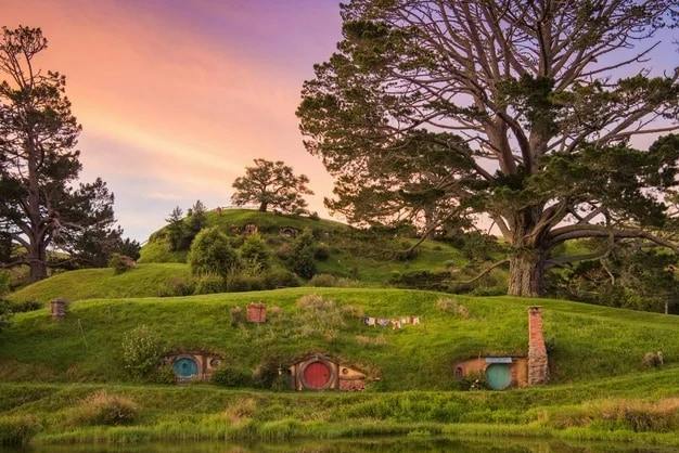 Hillside with round doors embedded in grass, trees, and a colorful sunset sky, resembling a fictional village.