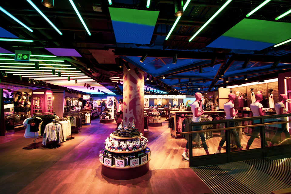 A brightly lit store with colorful ceiling lights, mannequins displaying clothes, and shelves filled with various merchandise.