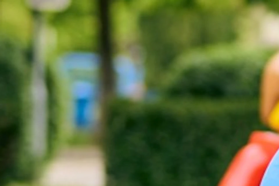 A child driving a blue toy car in a park, smiling and looking at another child in a red toy car. Trees and bushes surround them.