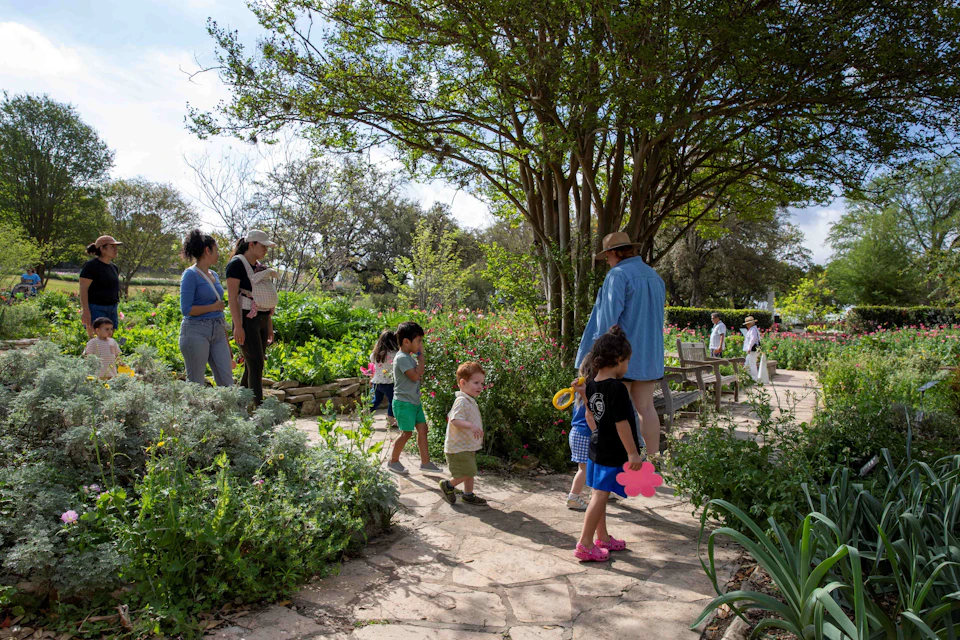 Children and adults walking on a garden path surrounded by greenery and trees on a sunny day.