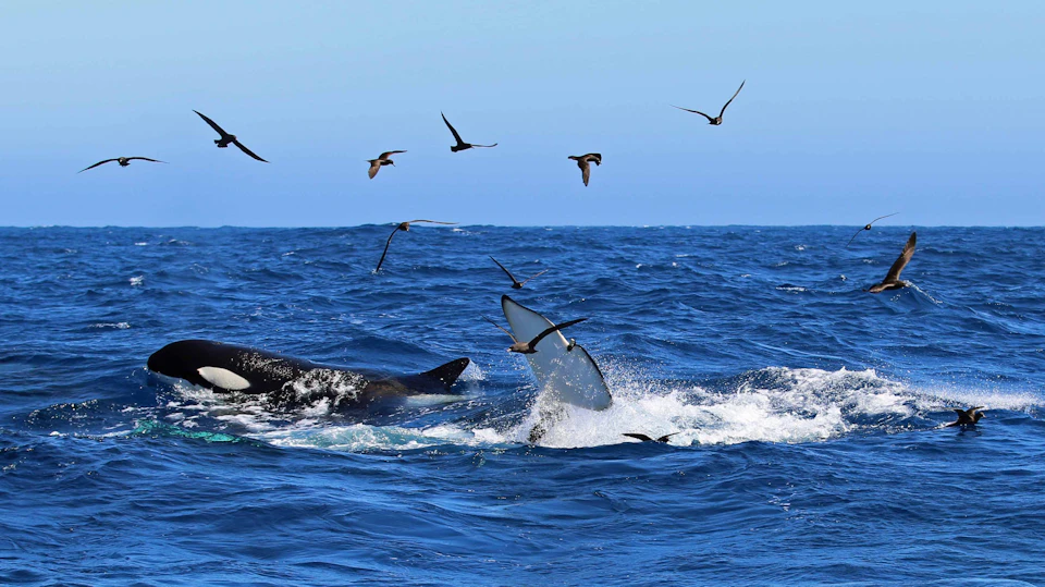 An orca surfaces in the ocean, surrounded by several flying seabirds under a clear blue sky.