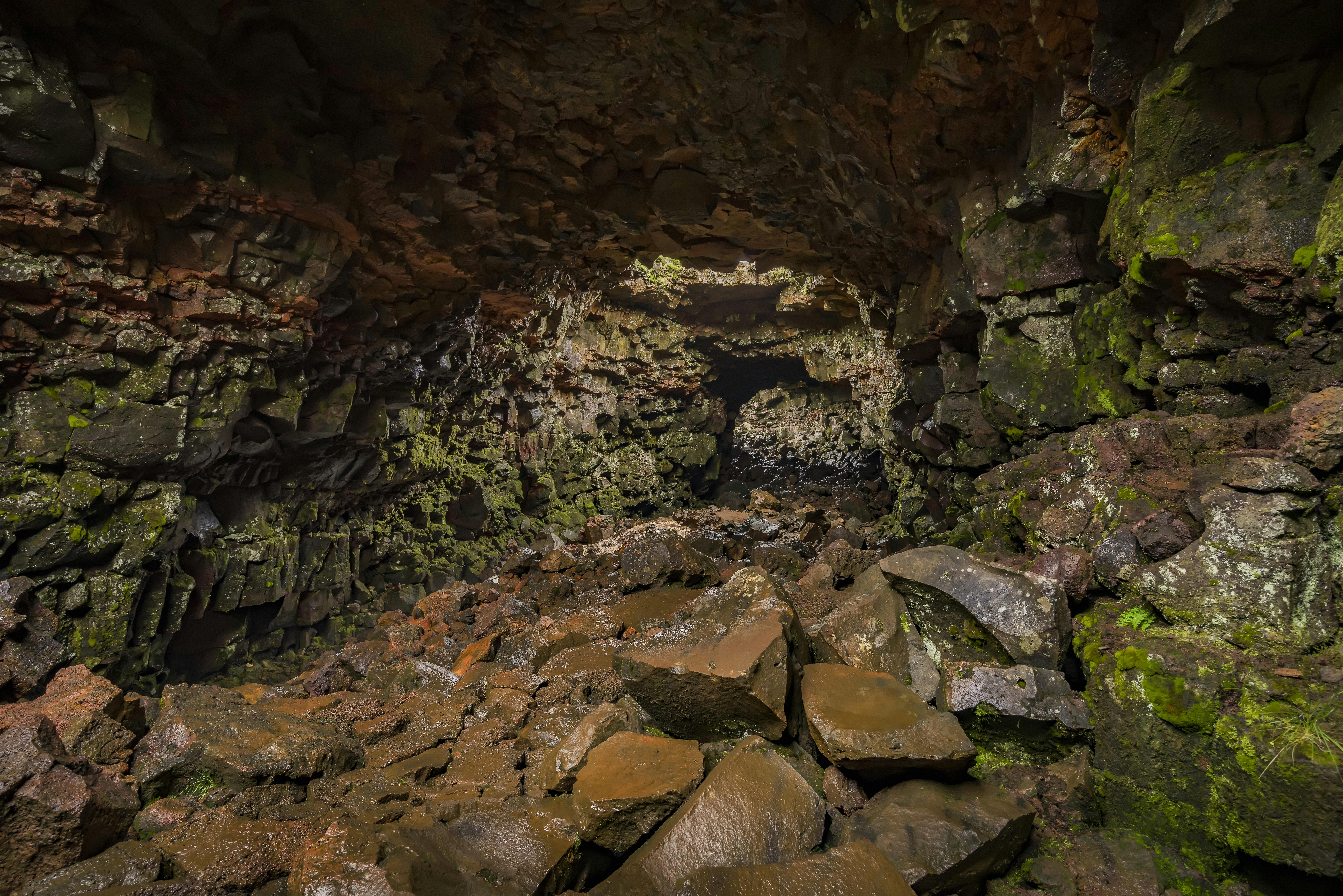 Rocky, moss-covered interior of a cave with a narrow entrance in the background.