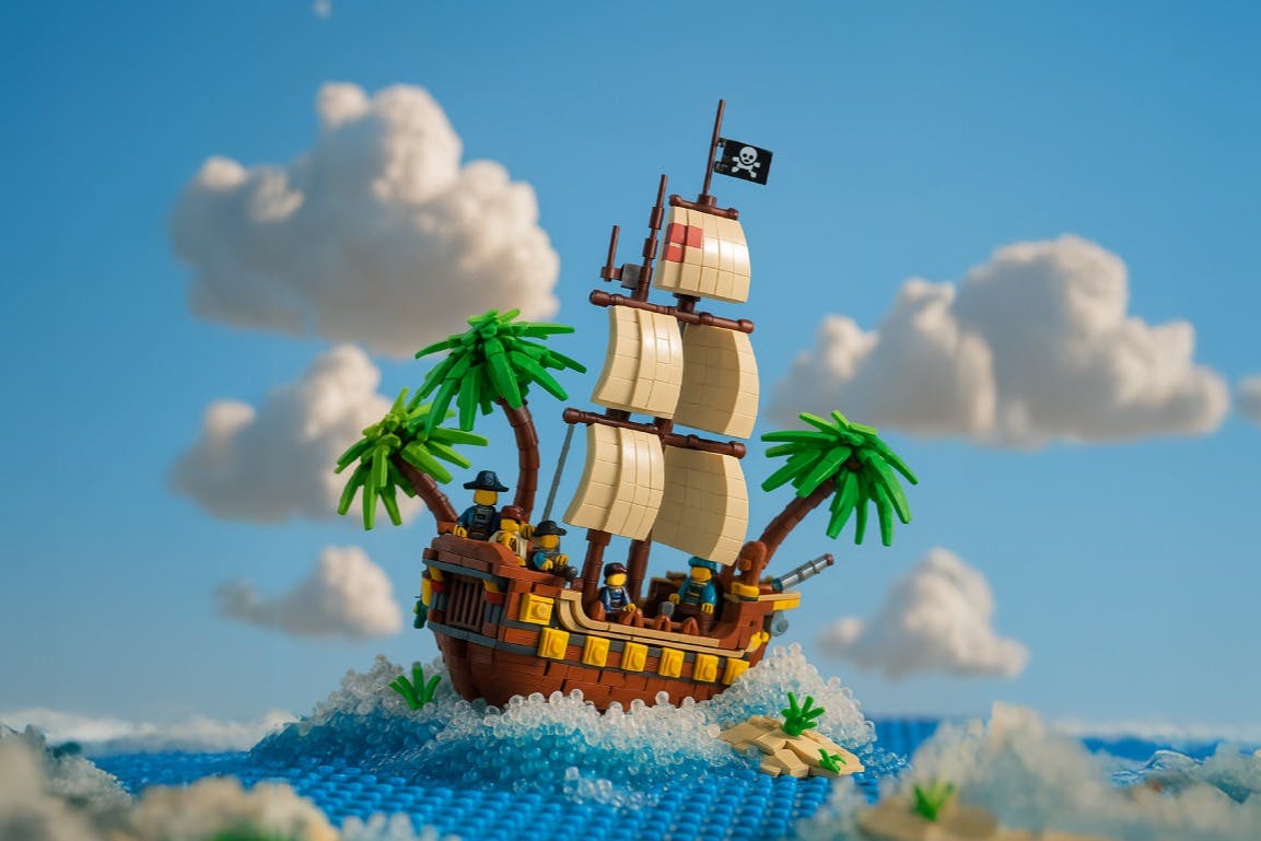 Un bateau pirate LEGO avec des voiles et un drapeau à tête de mort, entouré de vagues et de palmiers, dans un ciel bleu nuageux.