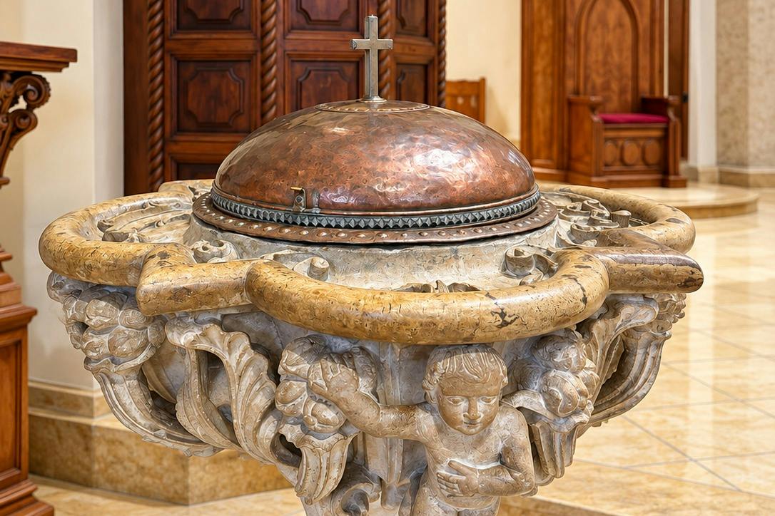 An ornate baptismal font with carvings and a metal lid topped by a cross, located in a church with wooden furnishings.
