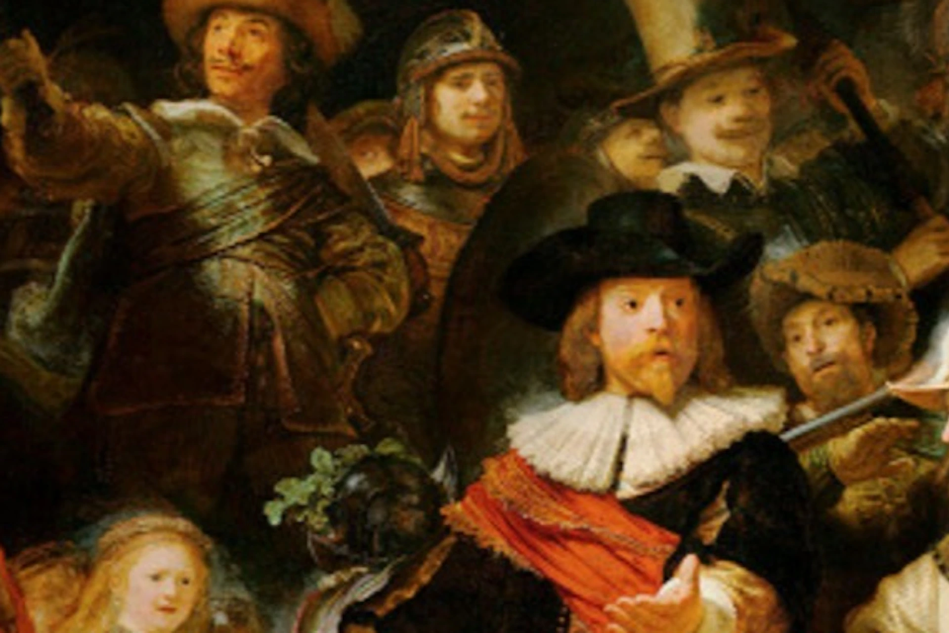 A group of people dressed in historical attire, some armed with weapons, gathered in a dimly lit setting.