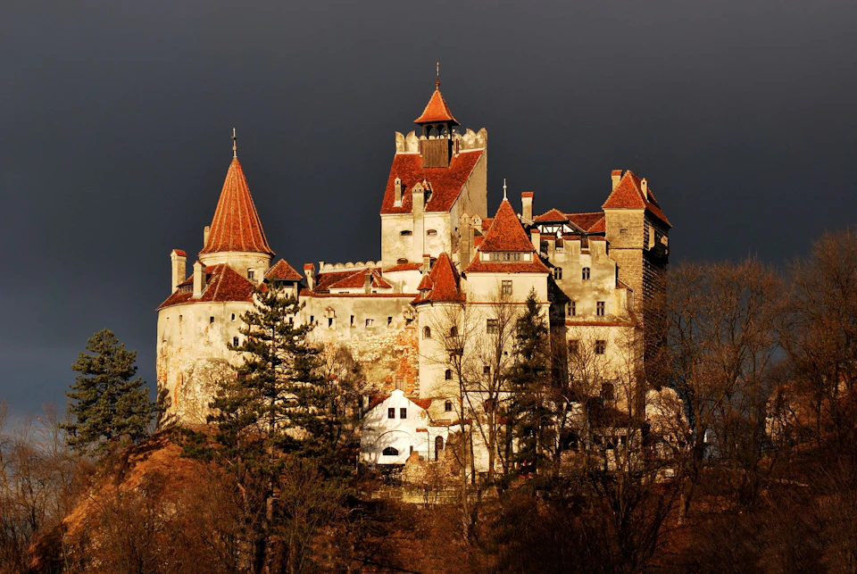 Medieval castle with red-tiled roofs and multiple towers, surrounded by trees, under a dark sky.