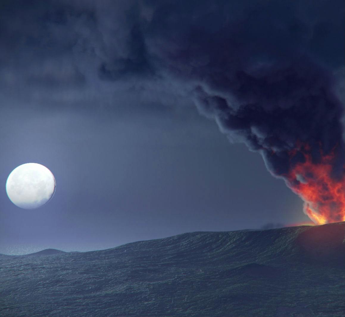 Úplněk a temná mračna se vznášejí nad vzdálenou sopkou a vyzařují kouř a lávu do pusté krajiny.