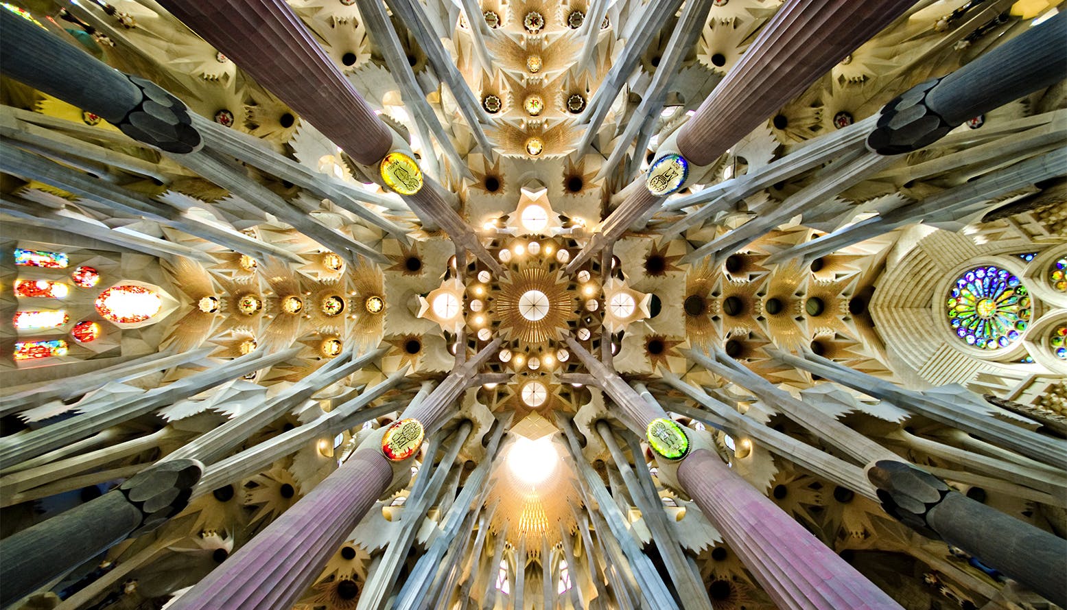 Ornate ceiling of a cathedral showcasing intricate patterns, decorative columns, and circular stained-glass windows.