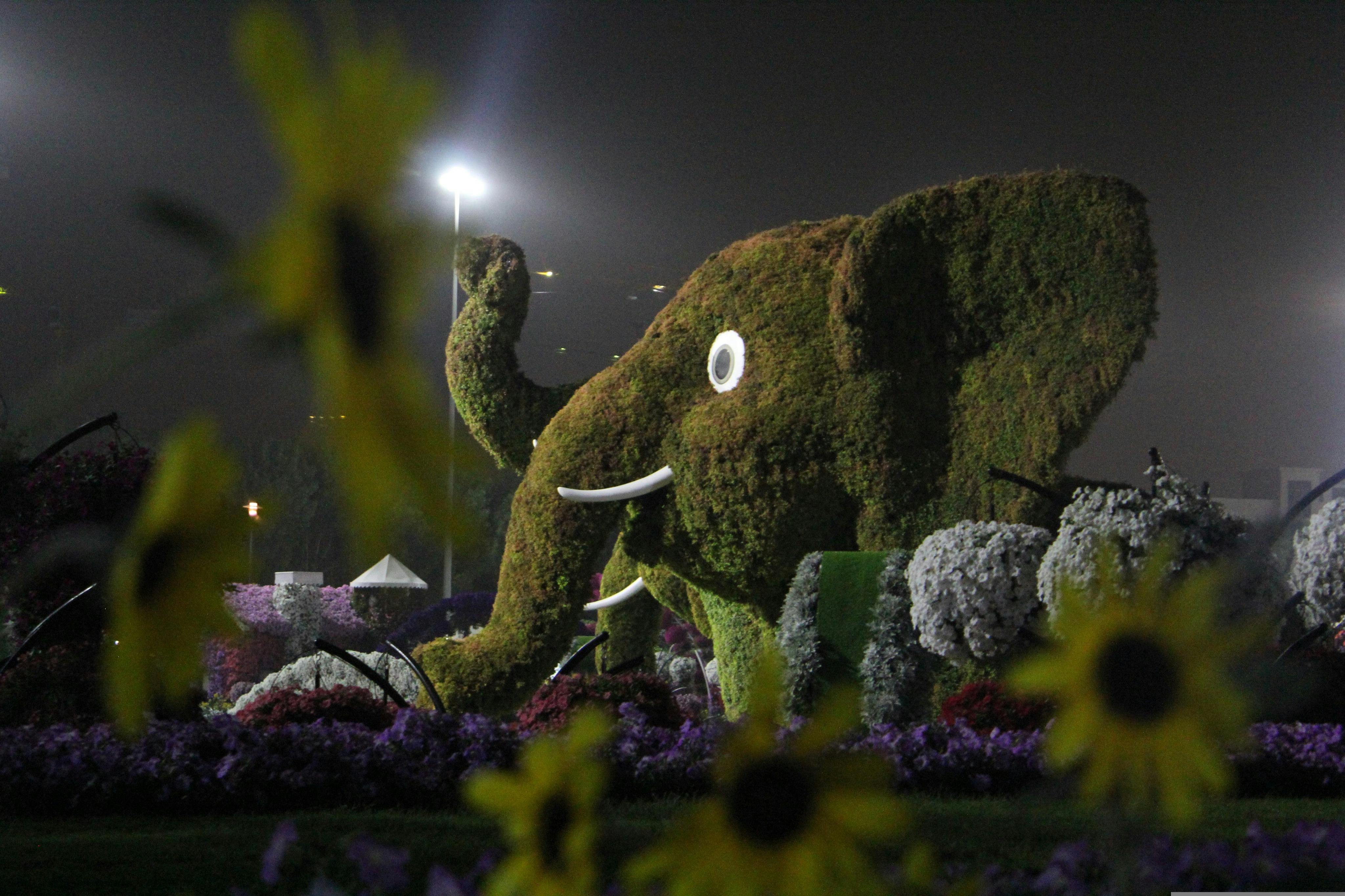 A large plant sculpture shaped like an elephant in a garden, surrounded by flowers, lit at night with a streetlight nearby.