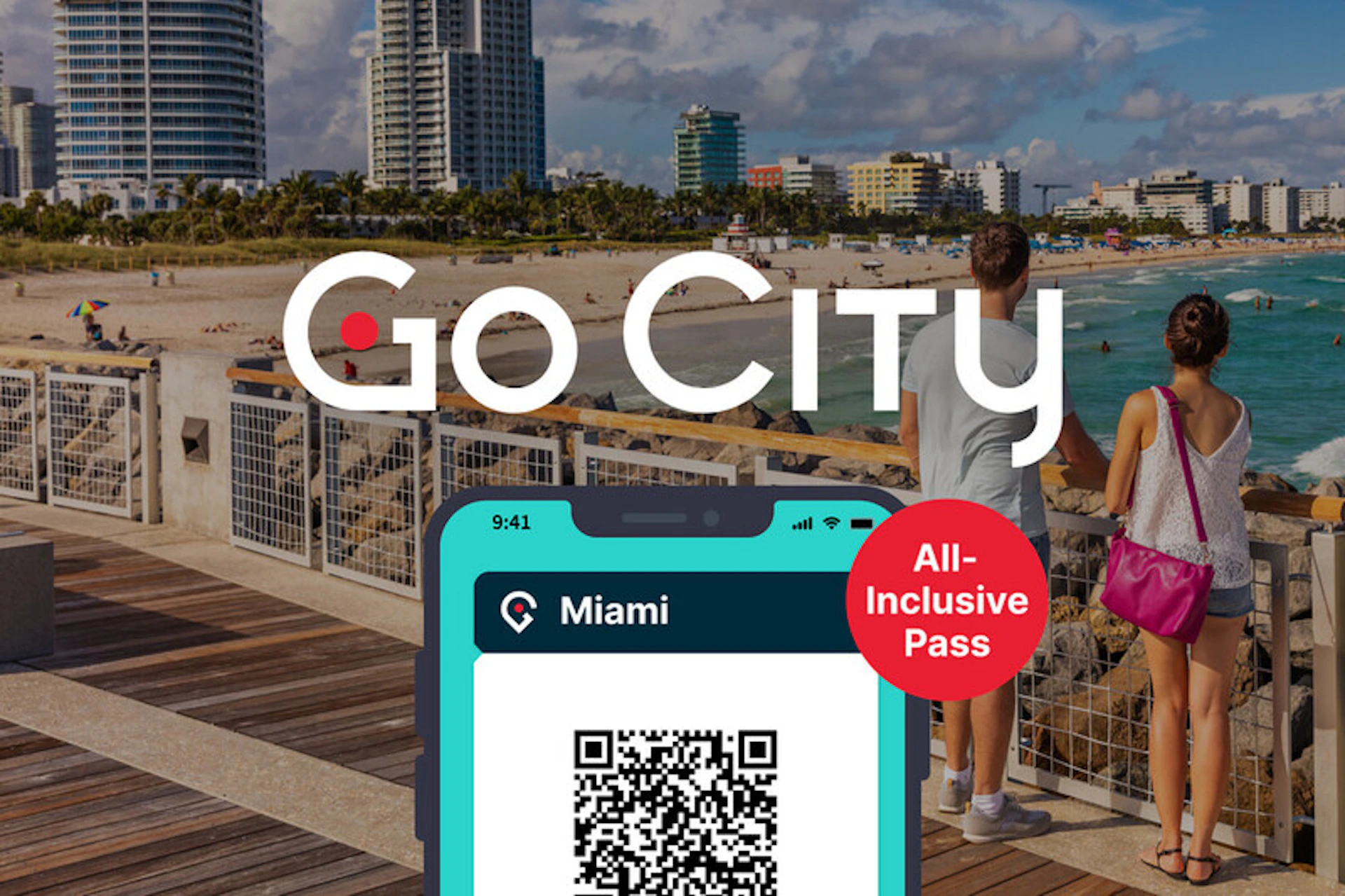 A smartphone shows a "Miami All-Inclusive Pass" QR code. In the background, people walk along a beach boardwalk in Miami.