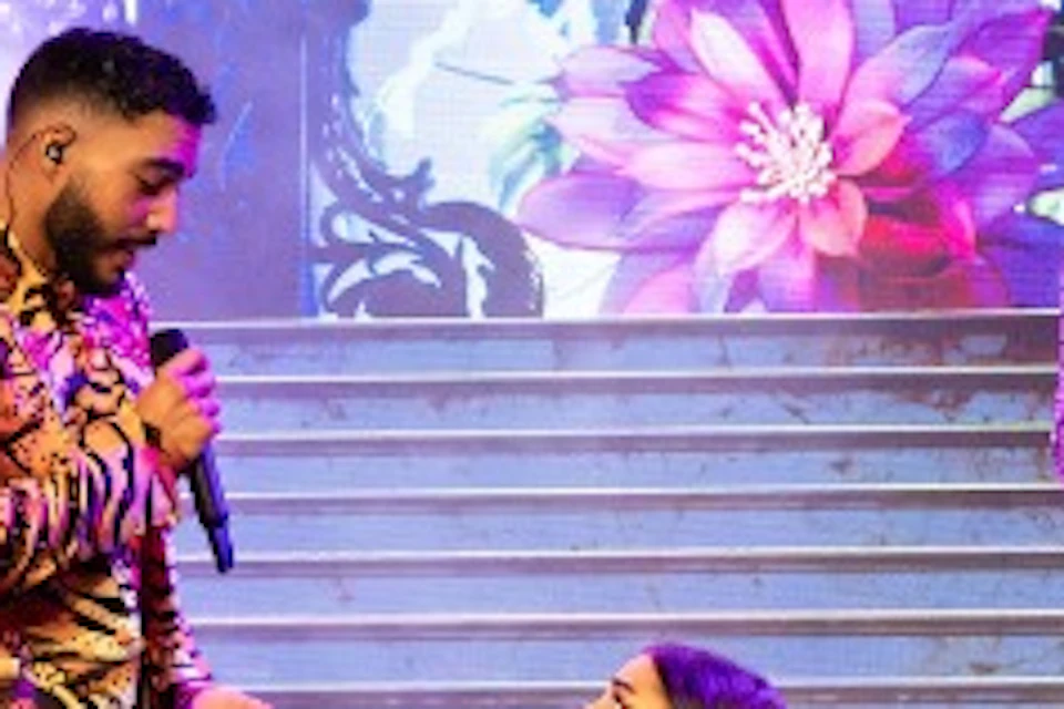 Performers in vibrant costumes on stage with a backdrop of stairs and large pink flowers, under colorful lighting.