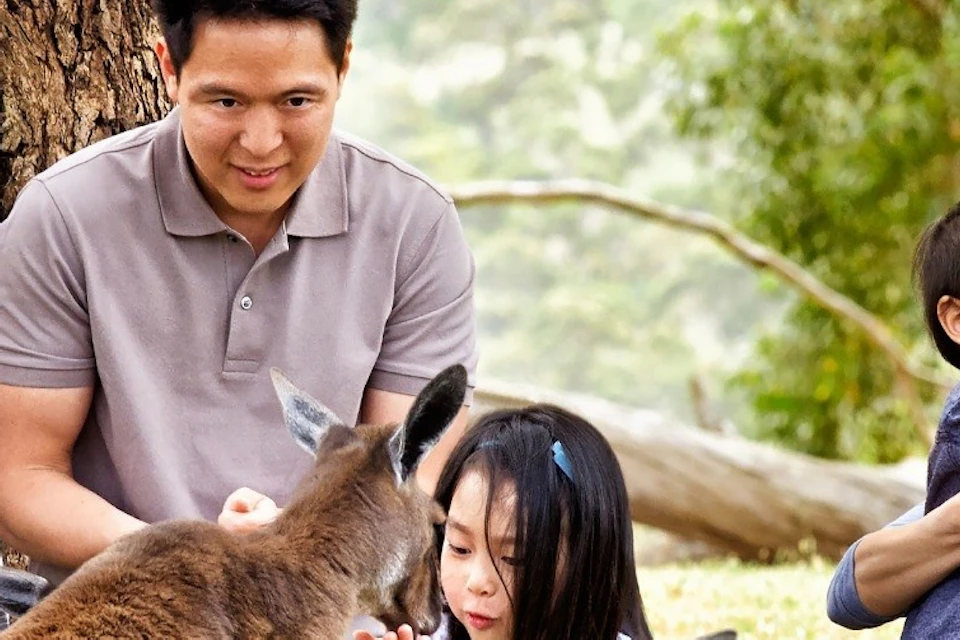 A family interacts with kangaroos in a grassy outdoor setting with trees in the background.