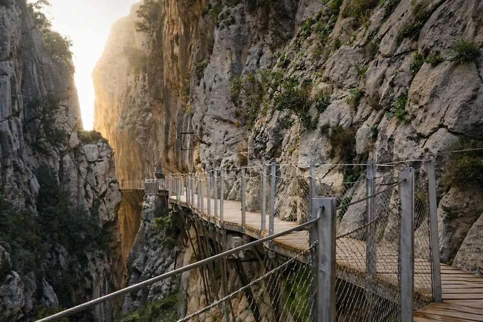 A narrow footpath with railings running along a rocky cliff in a canyon, bathed in soft sunlight.