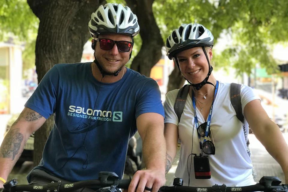 Beautiful young couple posing before the start of the tour