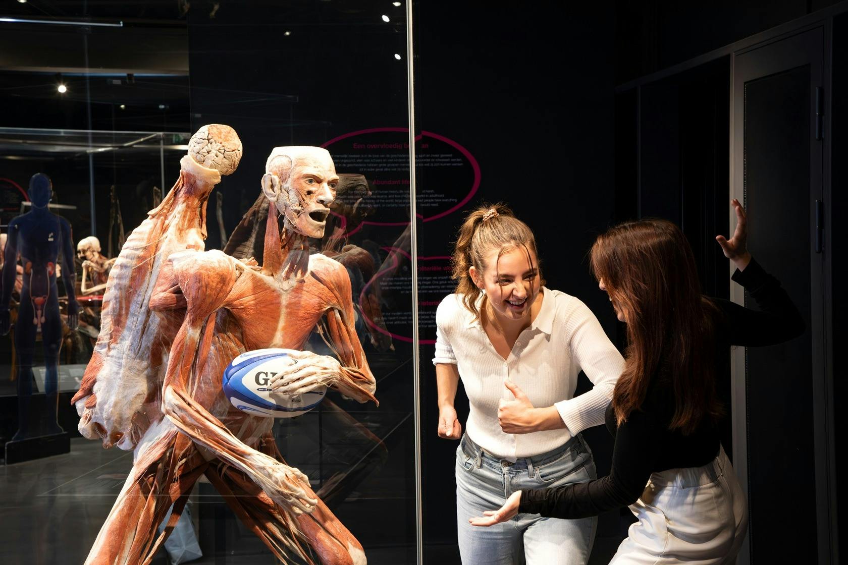 A woman poses next to a muscular anatomical figure holding a rugby ball in a museum exhibit.