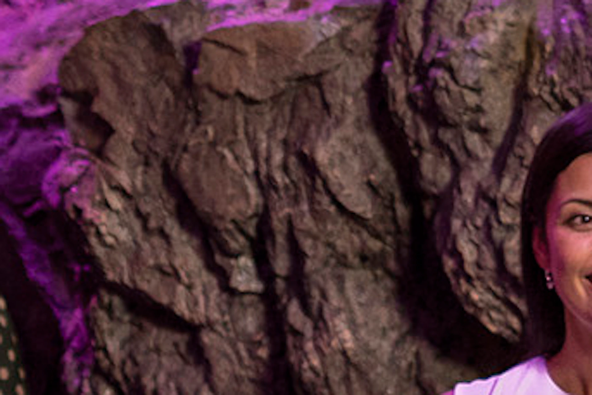 A group of people exploring a detailed miniature terrain model with dramatic lighting and vibrant orange and purple hues in the sky.