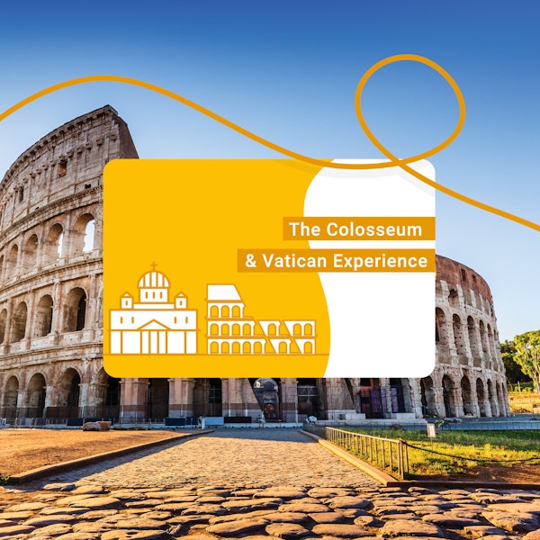 Colosseum med ett grafiskt överlägg som främjar "The Colosseum & Vatican Experience" -turen på en solig dag.