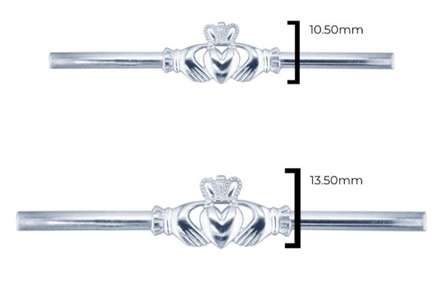 Two silver rods with Claddagh symbols at the center, showing measurements of 10.50mm and 13.50mm respectively.
