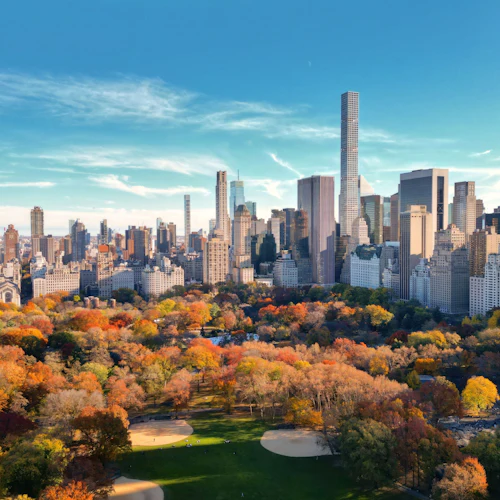 Luftaufnahme eines Parks mit farbenprächtigem Herbstlaub, zwei Sand-Baseballfeldern und einer Stadtsilhouette unter einem klaren blauen Himmel im Hintergrund.