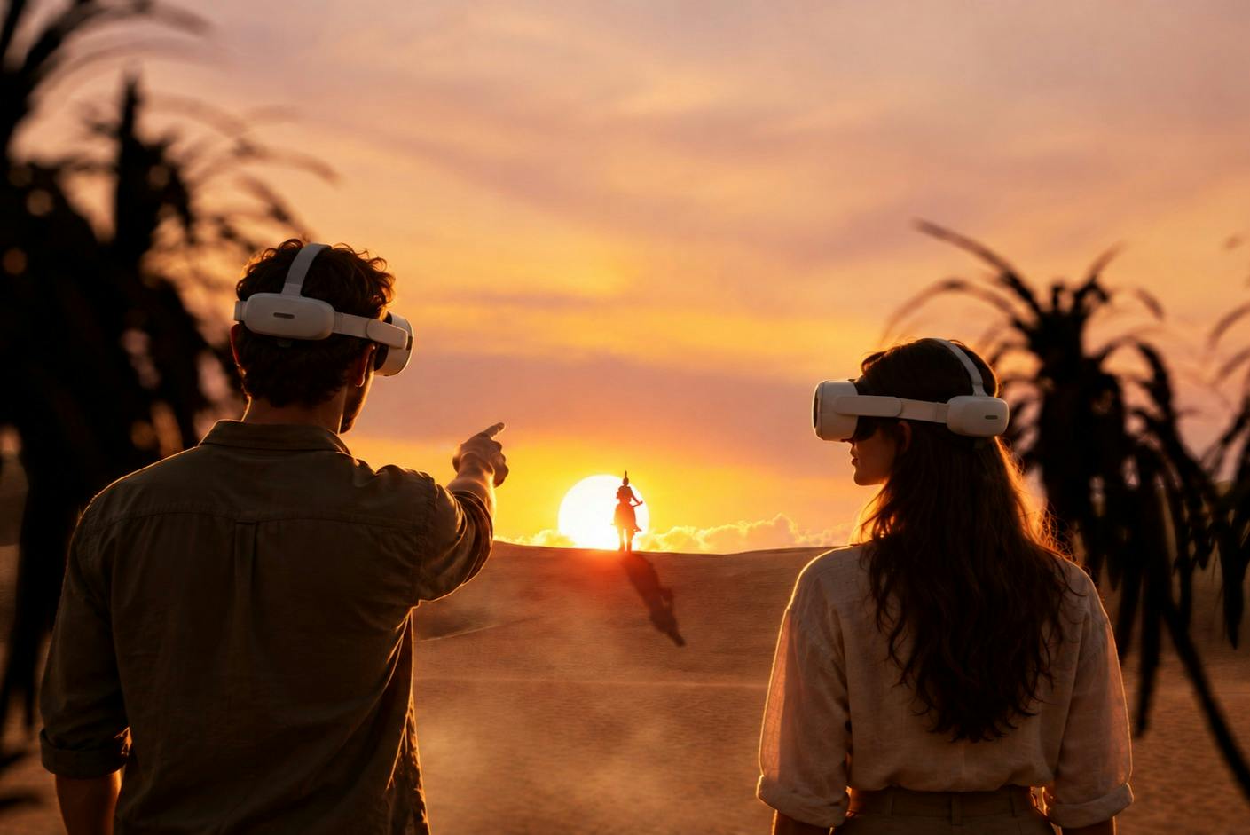 Two people wearing VR headsets observe a virtual sunset scene with a figure standing on a sand dune in the distance.