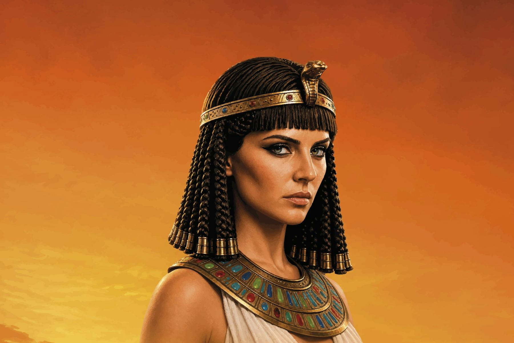 A woman with braided hair, wearing an ancient Egyptian-style headdress and jewelry, against an orange gradient background.