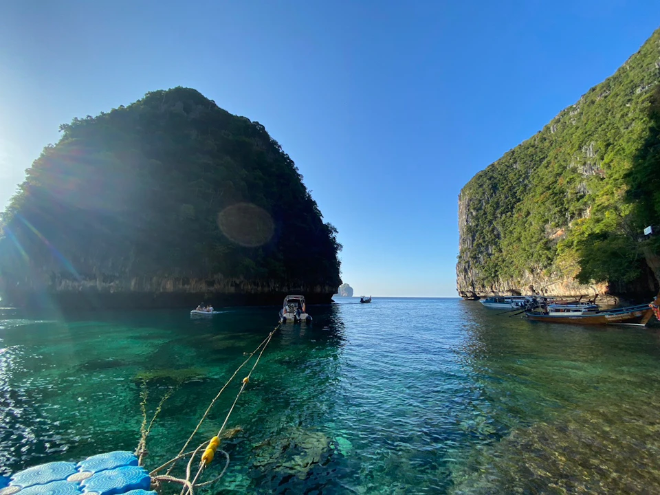 A tranquil bay with clear blue water, boats anchored, and steep, lush green cliffs on either side under a clear sky.