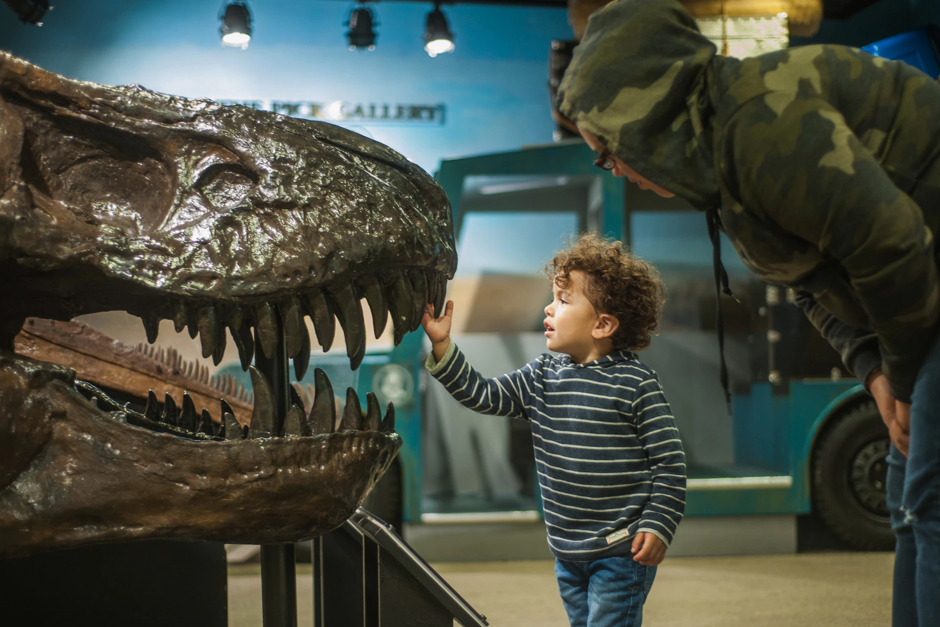 A child touches a large dinosaur skull exhibit while an adult wearing a hood watches closely in a museum setting.