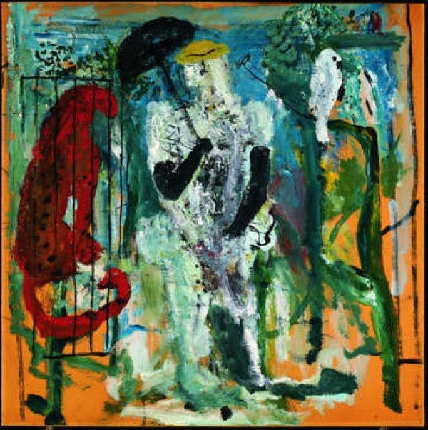 Abstract painting depicting a figure with an umbrella, flanked by a red animal on the left and a white bird on the right. Bold, vibrant colors.