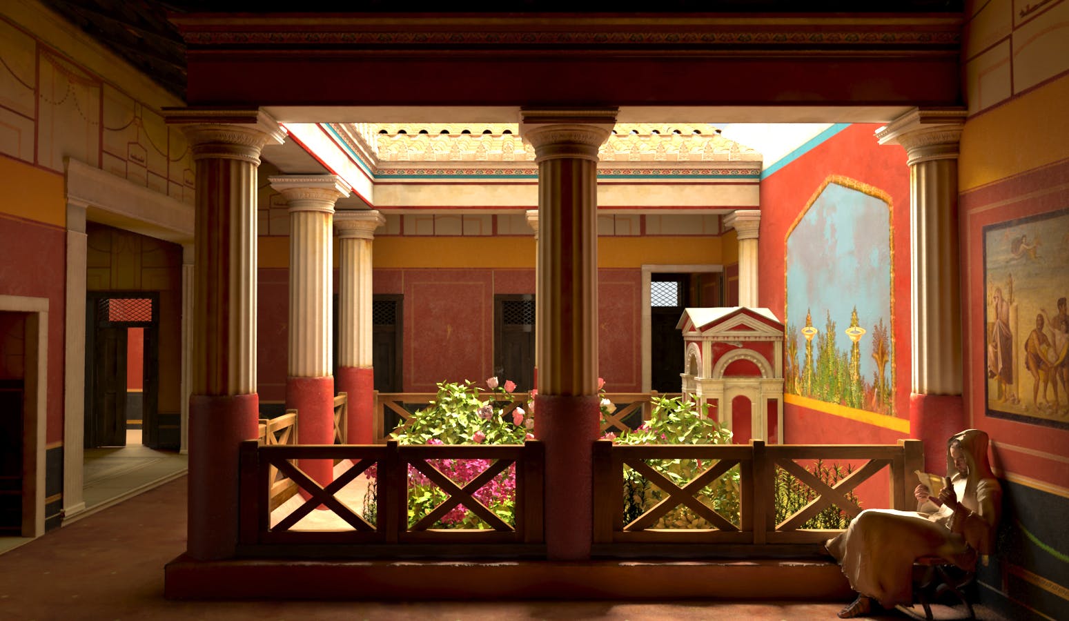 Nádvoří s kolonádou s rostlinami v květináčích, žlutými a červenými stěnami a malou dekorativní strukturou. Scéna je prosluněná.