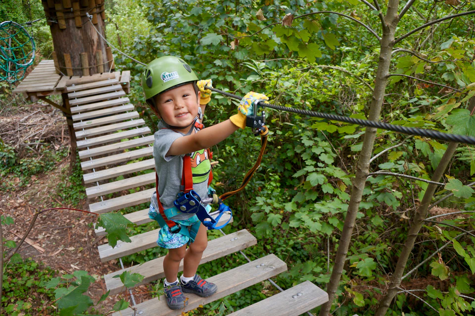 A child wearing climbing gear and a helmet stands on a wooden bridge in a forest, holding onto a safety rope.