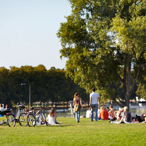 Människor som kopplar av på gräs i en park, med flera cyklar i närheten och träd och en sjö i bakgrunden.